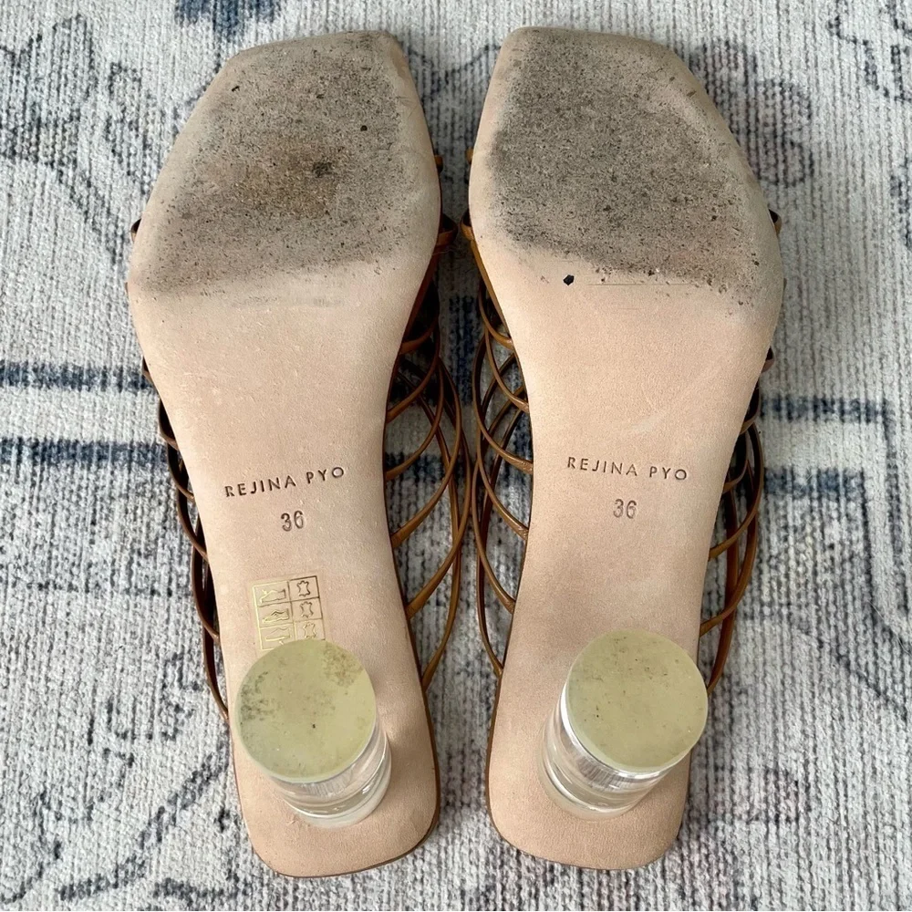 Regina Pyo “Zoe” Brown Leather Lucite Heel Sandals Sz 36